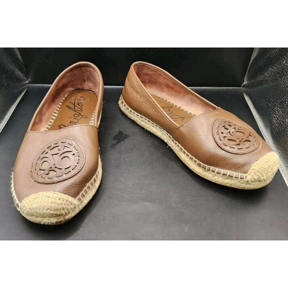 Brighton Brown Leather Espadrille Flats with Woven Toe